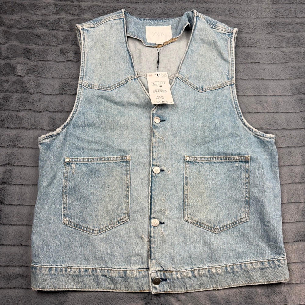 Zara Mens Distressed Denim Vest Light Wash Blue Western Sleeveless Jacket L